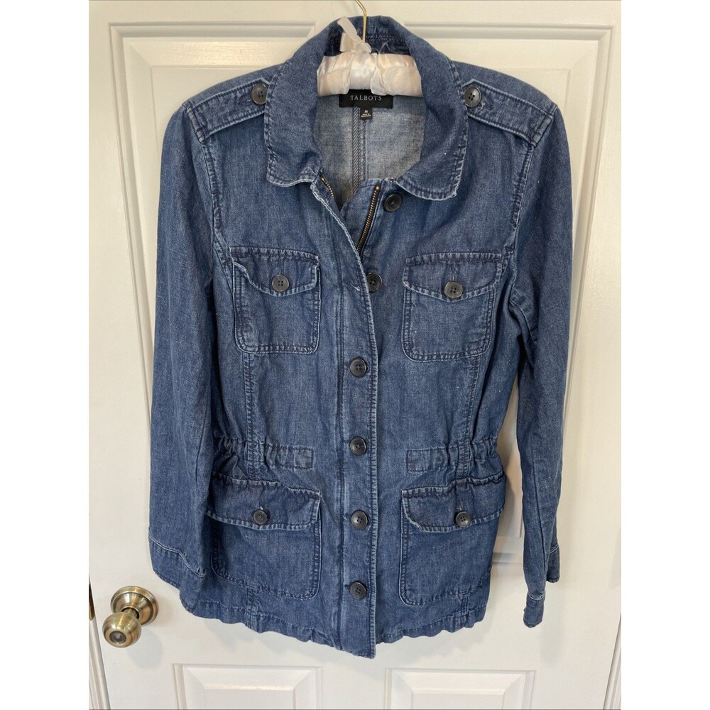 Talbots Denim Jacket Women's Sz M Blue Jean Cinched Waist Chore Pockets Cotton